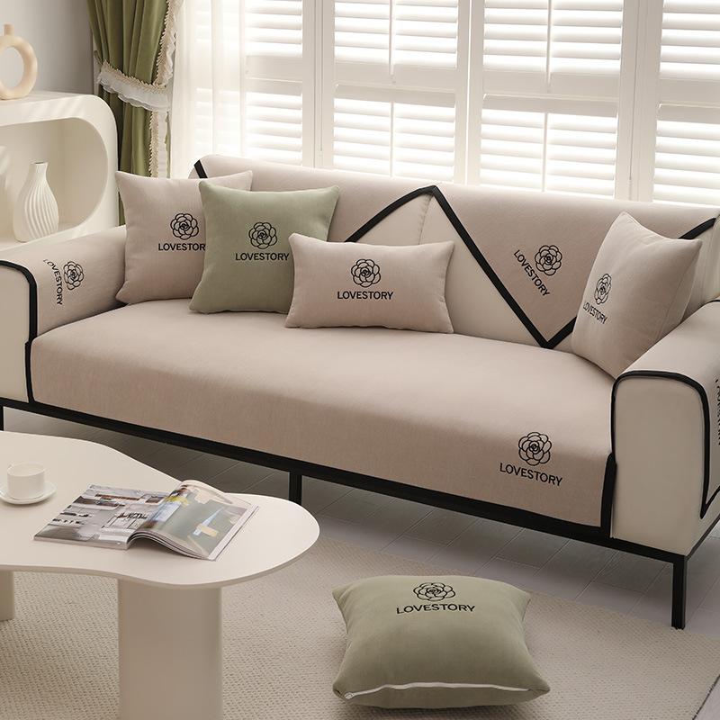 Panda Embroidered Sofa Cushion Chenier Four-Season Universal Non-Slip Sofa Cover, High-Grade Seat Cushion Leather Sofa Back Towel