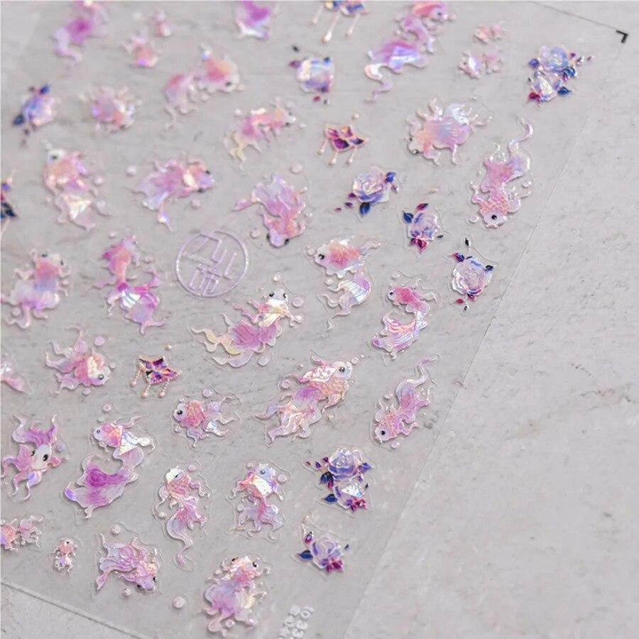 1Pcs Embossed Glitter Fish Nail Art Stickers Pink Yellow Red Self-adhesive Transfer Nail Decorations Slider Decals DIY