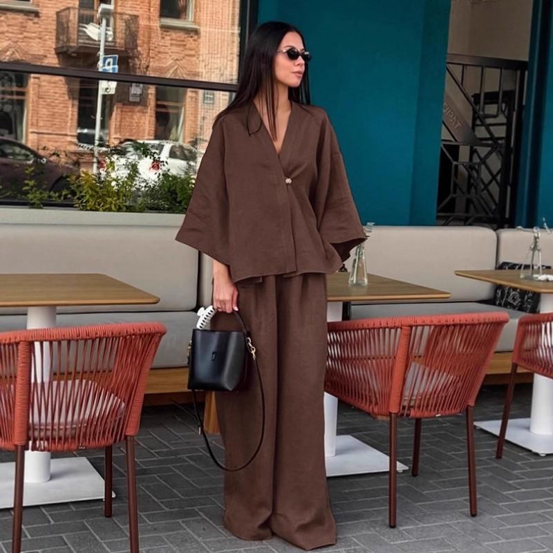 Womens Loose Brown Cotton Linen 2-Piece Set 2025 Fall Casual Cardigan Pants Office
