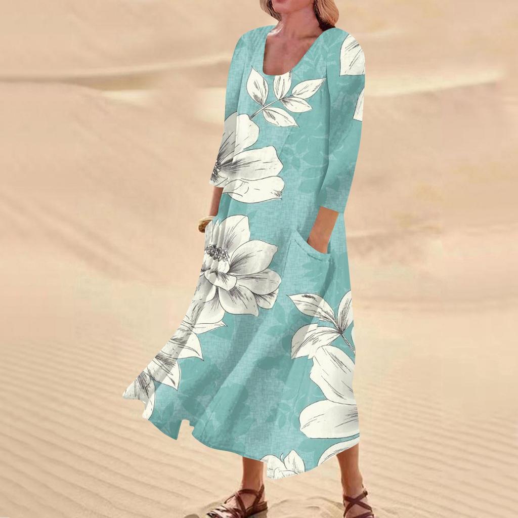 Женское повседневное удобное хлопковое карманное платье с цветочным принтом и рукавами три четверти