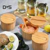 Bamboo Salt Cellar with Magnetic Swivel Lid Round Salt Box for Storing Salt Pepper Sugar Herbs Functional Spice Container Storage Tank