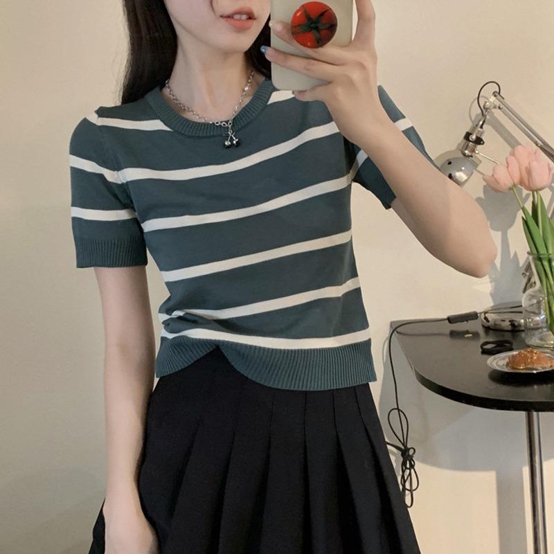 Женский ледяной шелк с круглым вырезом, универсальный пуловер в стиле ретро с коротким рукавом, вязаный короткий