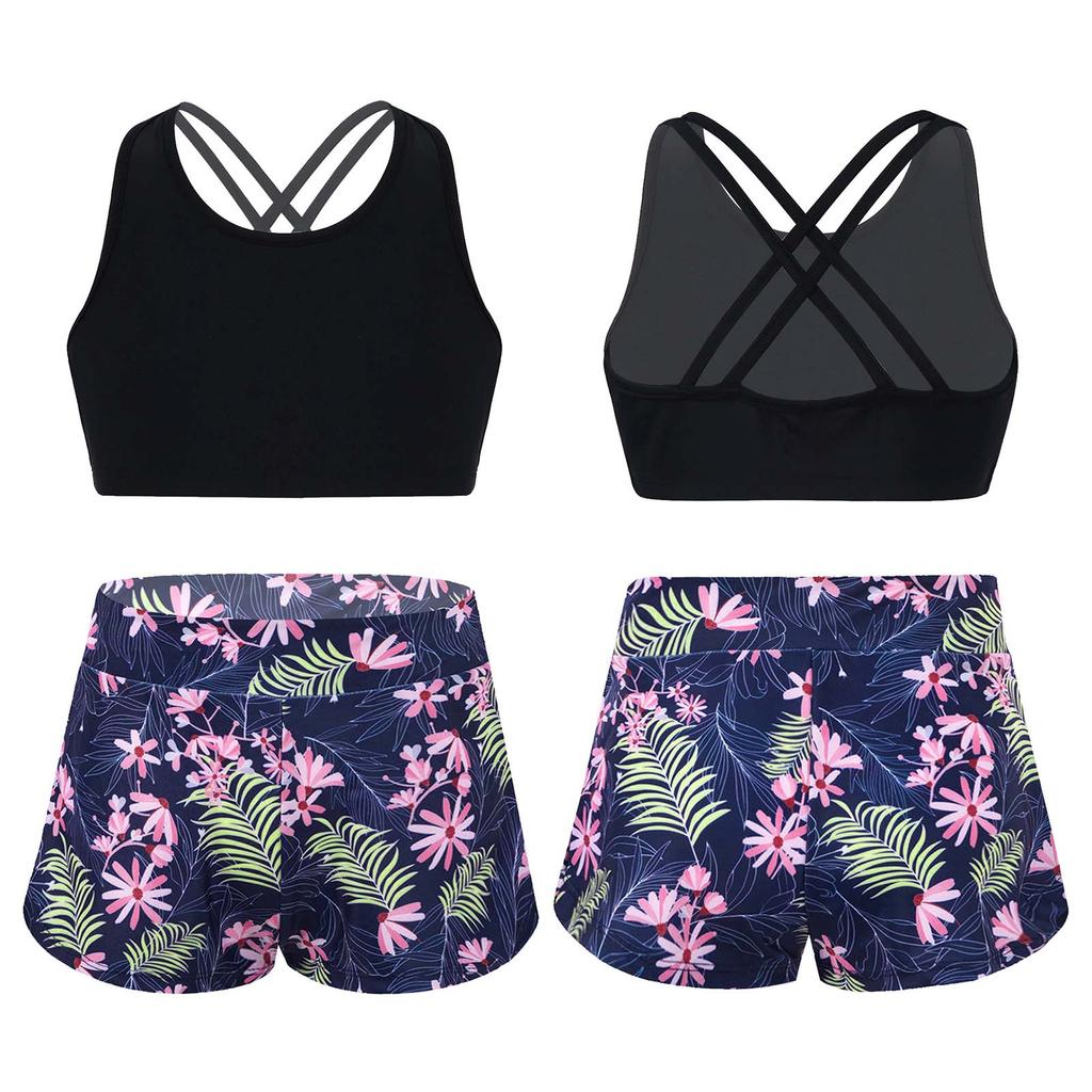 Girls 2 Piece Sport Set U Neck Spaghetti Straps Cropped Top Criss Cross Back Pink Lily Print Shorts Gym Yoga Outfit