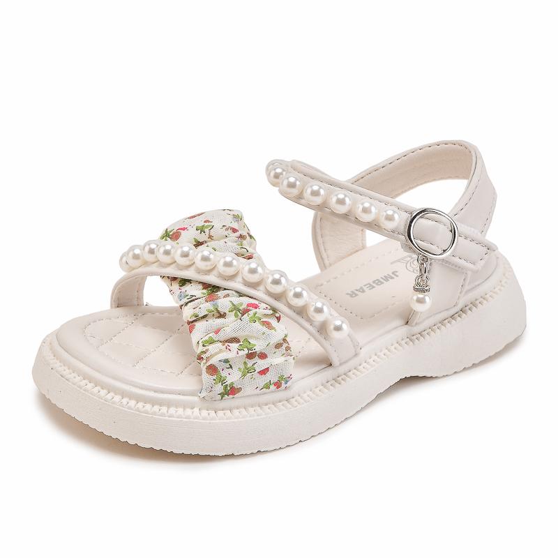 Сандалии принцессы для девочек, детские сандалии с крестообразным жемчугом, летняя модная пляжная обувь для маленьких детей, нескользящая мягкая подошва, размер 26-37