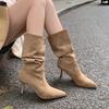 2025 New Boots Women's Medium Boots Autumn Pointed Toe Thin Heel High Heel Women's Boots Suede Big Boots Pile Boots Tide