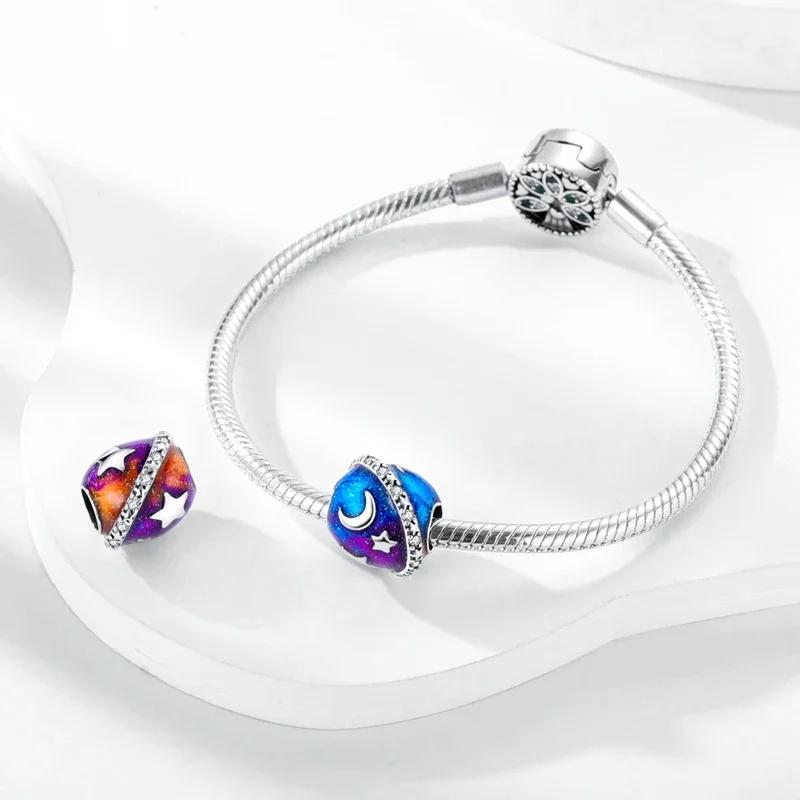 Charms Copper Blue Star Moon Planet Orbit Beads Fit Charms Plata Original Bracelet Beads Women Jewellery Making Diy