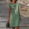 Fashion High Street Straight Loose Mid Dress Vintage O Neck Bow Tie Party Dresses Casual Office Lady Short Sleeved A-line Dress