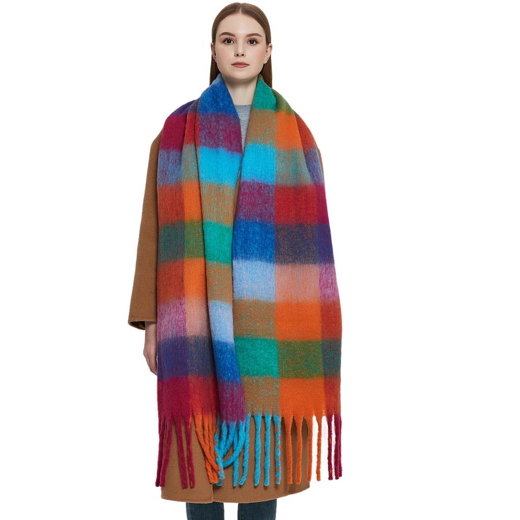 Autumn and Winter New Thickened Shawl Imitation Mohair Coarse Whiskers Colorful Plaid Scarf