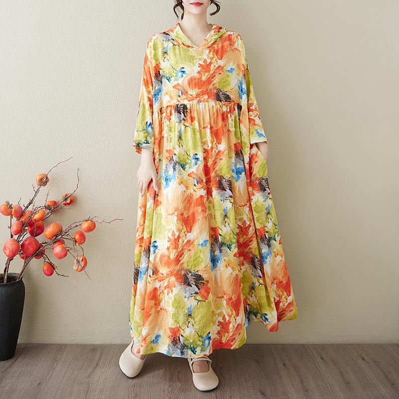 DIMANAF 2025 Плюс Размер Летнее Платье-Шляпа Женское Повседневное Винтажное Длинное Платье Свободное Цветочное Печать Льняное Платье Макси