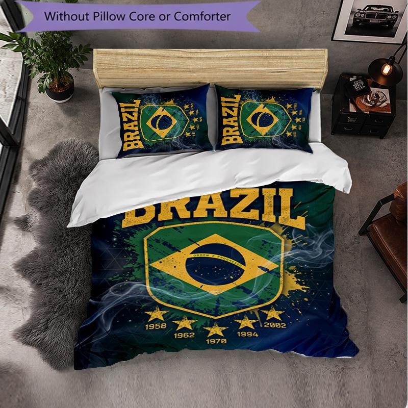 Brazil Football Pattern 3 Pieces Bedding Set Soft Microfiber Duvet Cover with Pillow Cases for Bedroom