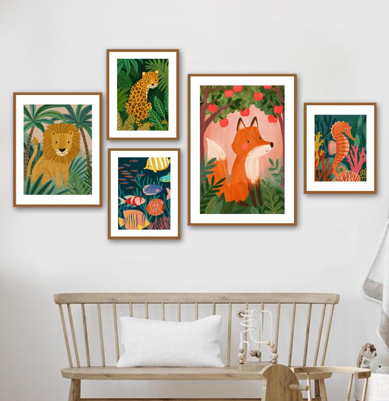 Тропические джунгли Лев Лиса Леопард Кролик Павлин Детская Настенная живопись Печать на холсте Картина на скандинавскую тему Плакат Декор Фотографии Детская комната