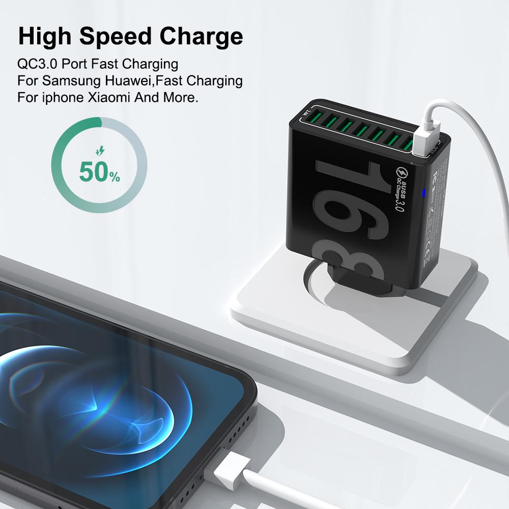 8-портовое быстрое зарядное устройство QC3.0 для путешествий (Европа, Америка, Корея) - Зарядное устройство для мобильного телефона