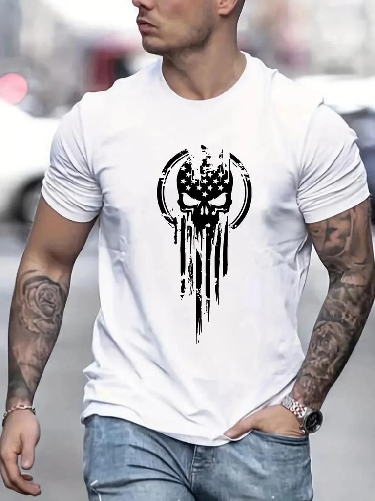 Men's Summer Loose Size 100% Cotton Skull Print Casual Slim Fit Round Neck Short Sleeve T-shirt Top O-neck Pactwork Casual T