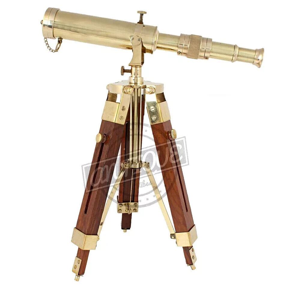 Telescope W/ Wooden Tripod Vintage Antique Nautical Decorative Gift Solid Brass
