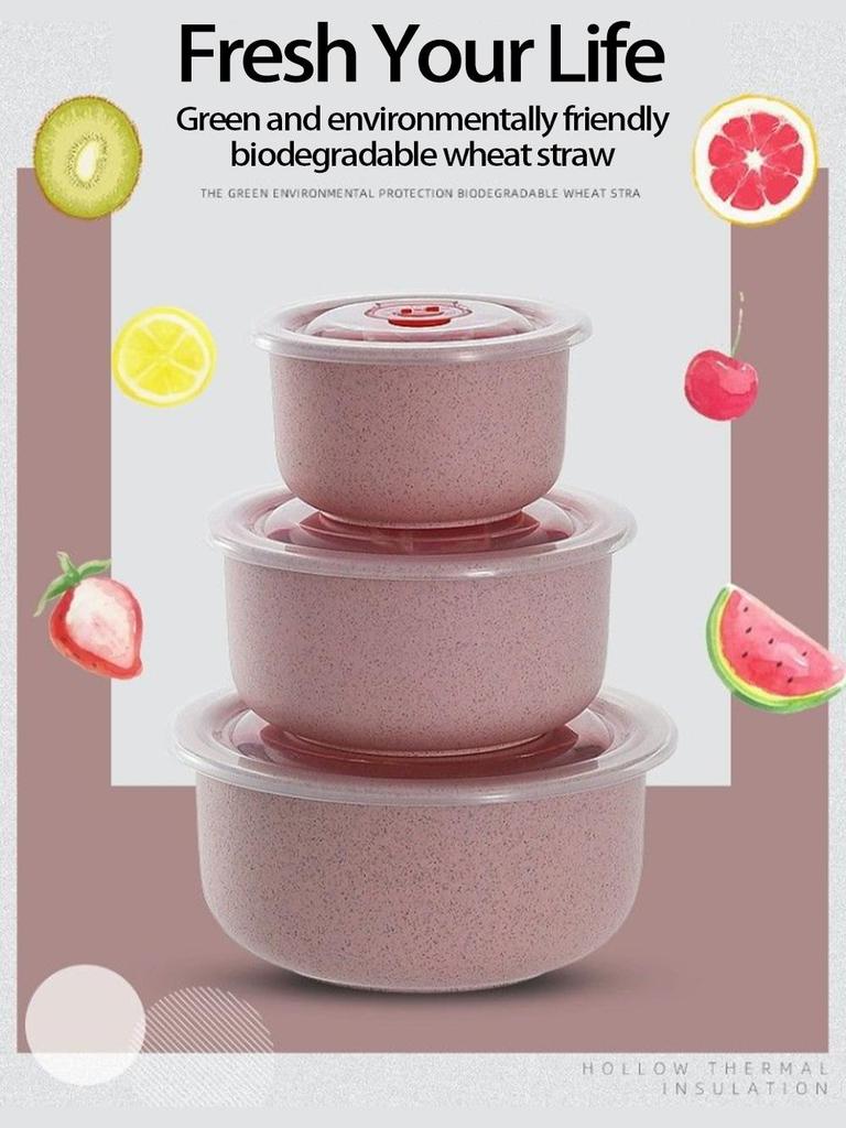 Eco-Friendly Wheat Straw Food Storage Bowl Set with Lids - 3 Pieces, Microwave Safe