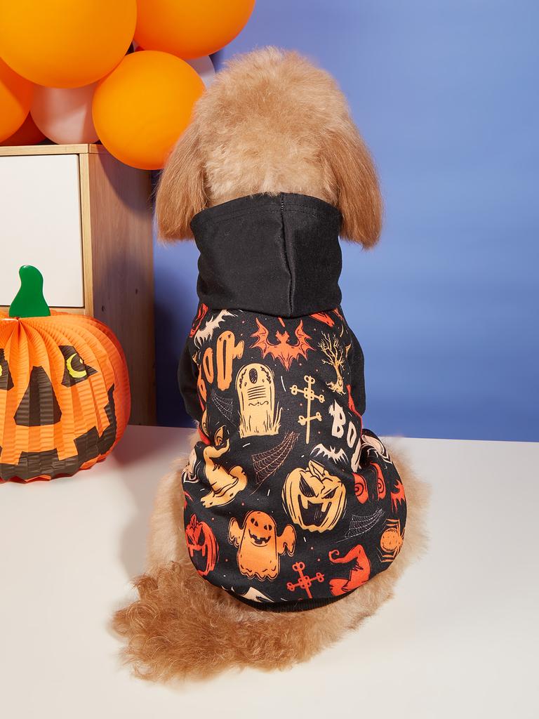 Halloween Print Dog Hoodie & Cat Sweatershirt Party Costume Winter Hooded Shirt