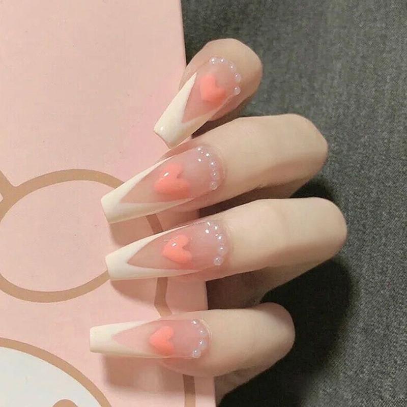 24pcs Love Heart Printed Nails Patch Glue Type Long Paragraph Fashion Removable Manicure False Nail Patch