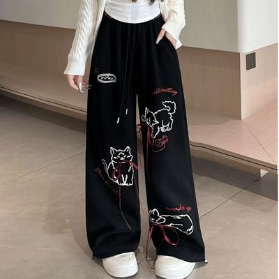 Серые брюки для женщин, весна и осень, драпированные спортивные брюки с принтом, новые повседневные брюки, свободные прямые брюки, спортивные брюки