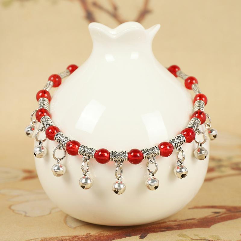New Red Rope Woven Nine Bells Crystal Anklet Will Ring Women's High-end Temperament Retro Hidden Silver Foot Chain