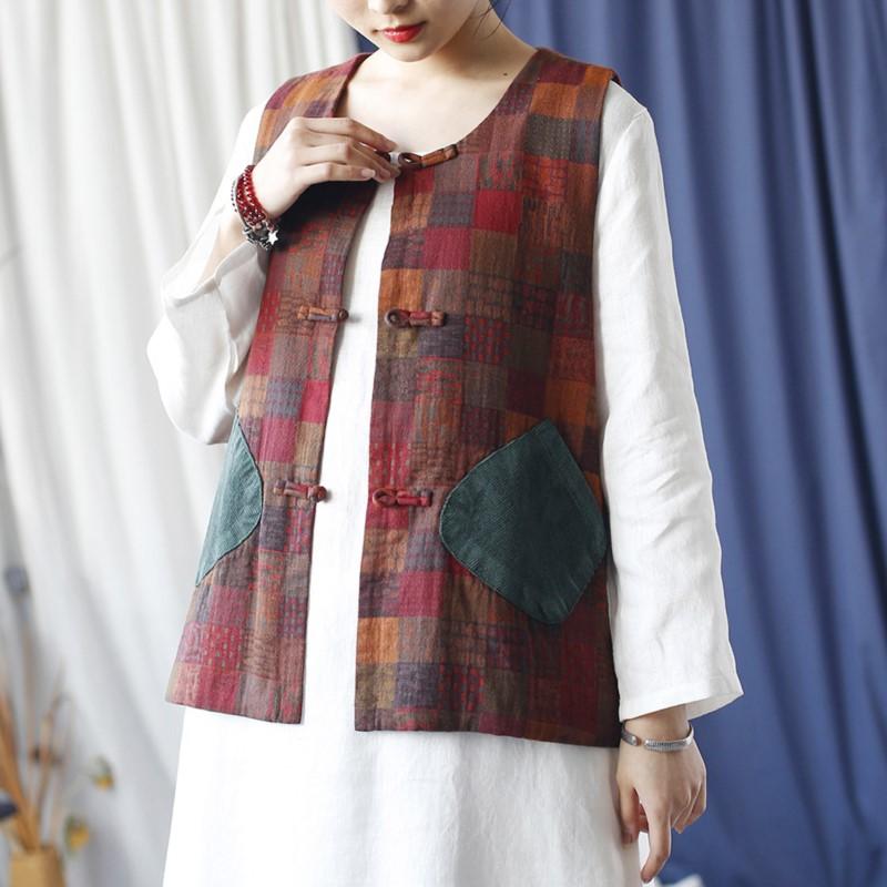 Johnature Women Vintage Plaid Vests O-Neck Button Autumn Patchwork Pockets Women Chinese Style Vests
