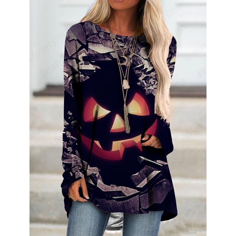 Happy Halloween 3D Print Длинные рукава Футболка Женская мода Круглый вырез Свободные туники Топы Женская осенняя одежда Femme Топы Стиль Y2k