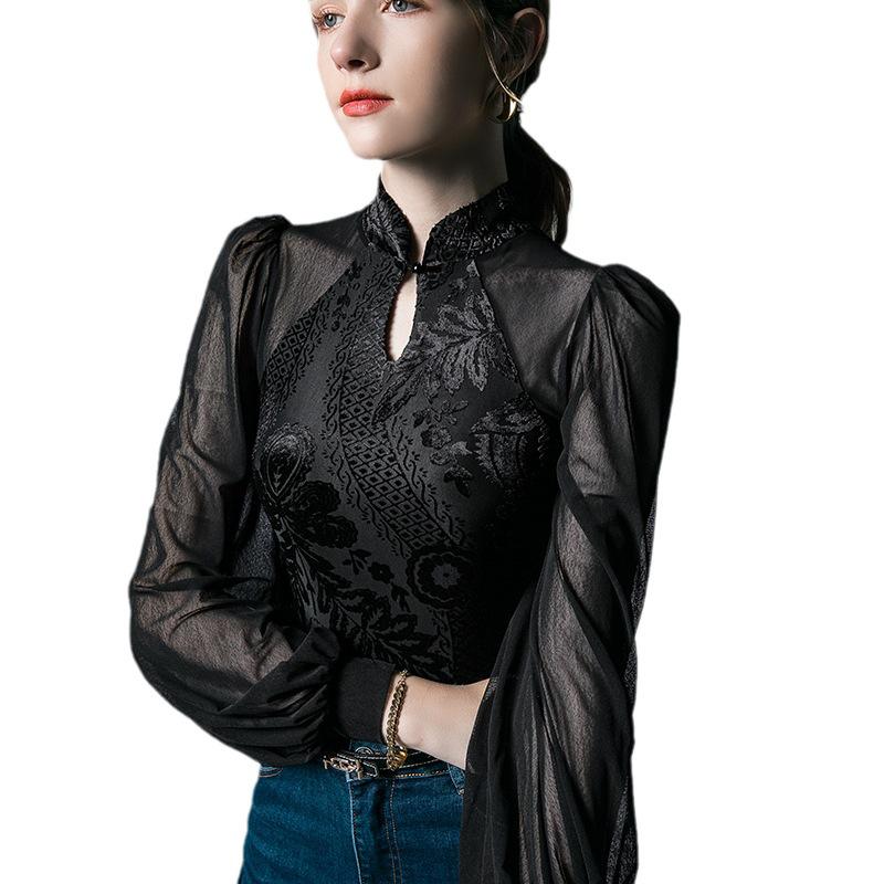 Retro European-Chinese Mesh Lantern Sleeve Blouse: Trendy Autumn Slim Fit