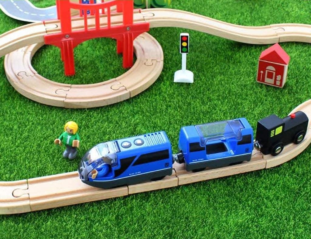 TOPLIVING Battery-Operated Magnetic Intercity Train with Wooden Train Toy Figures, Locomotive Train Toy for Toddlers Ages 3-5