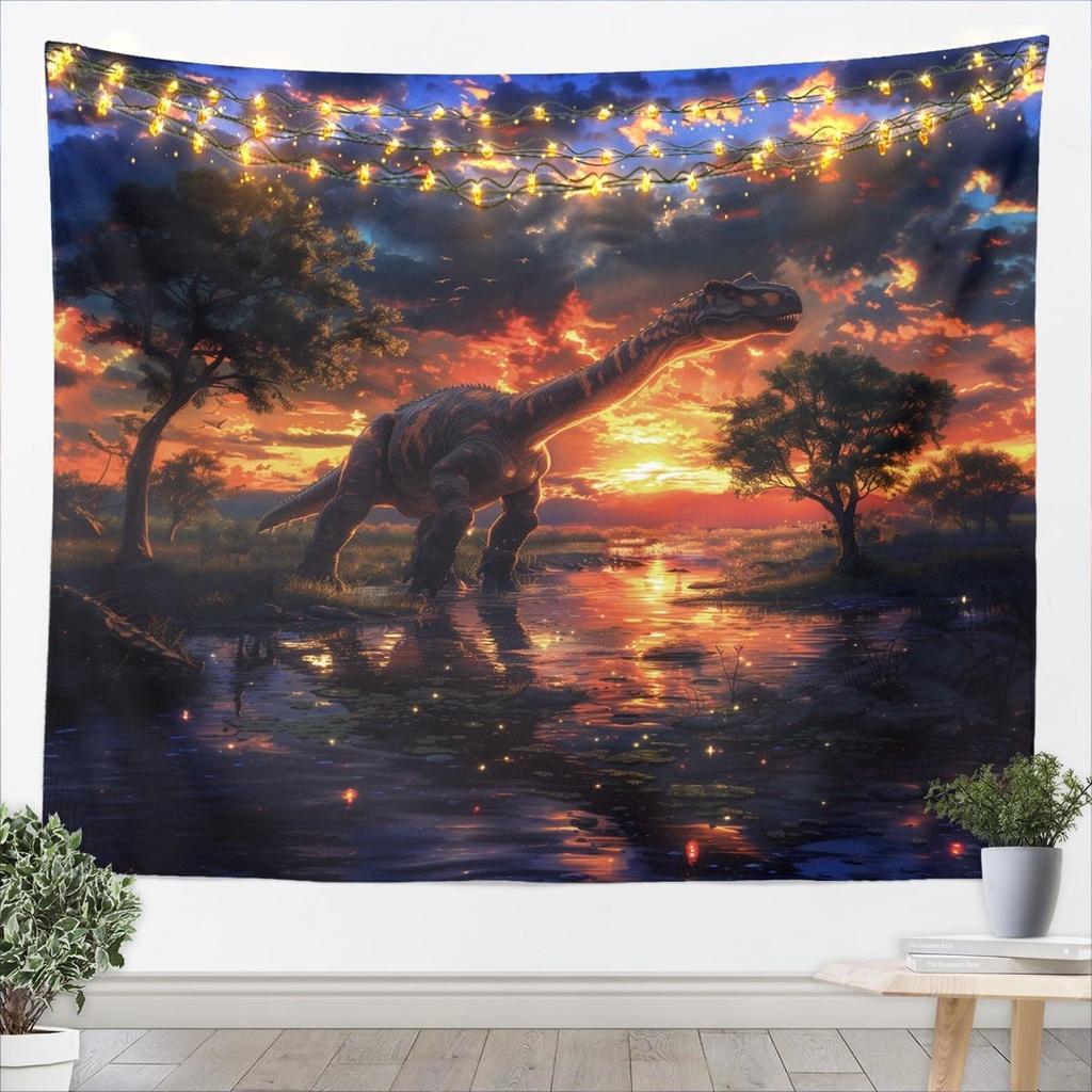 Dinosaur T-Rex Tapestry Wall Hanging Sunset Glow Lights Jungle Landscape Prehistoric Room Decor Curtain Art Gift