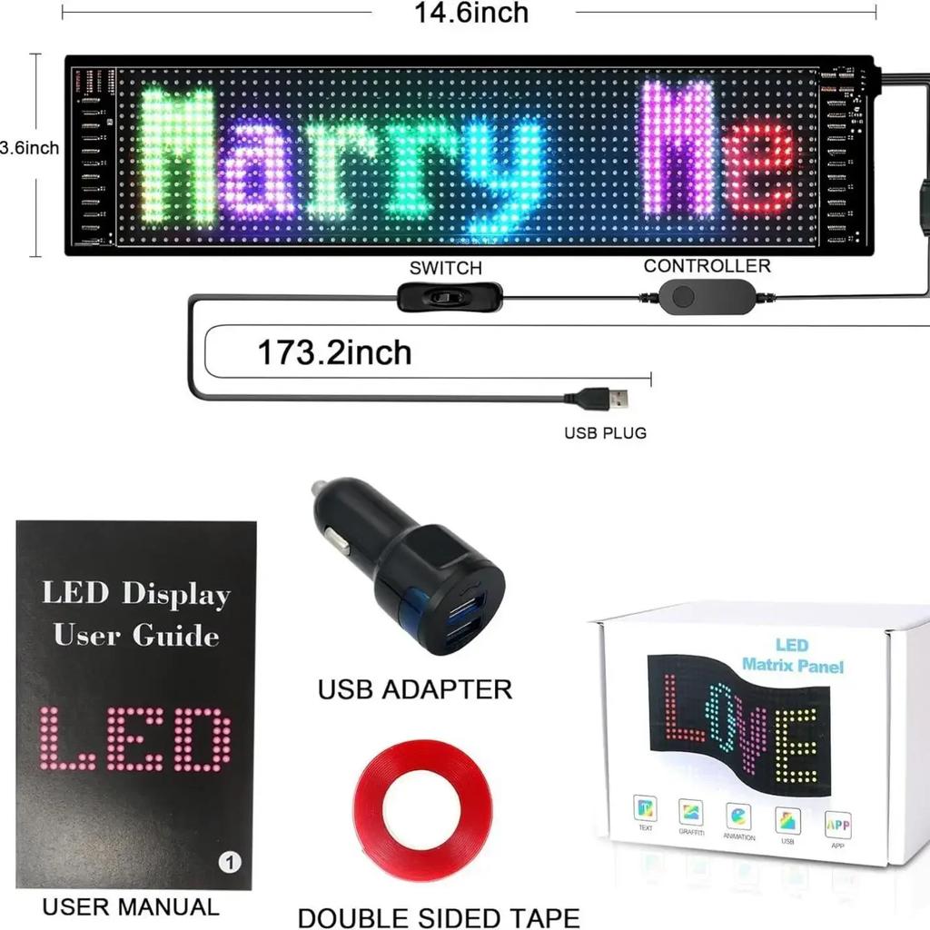 LED Matrix Pixel Panel Display Screen Flexible RGB Car Pattern Graffiti Scrolling Text Animation Shop Reminder Light Bluetooth