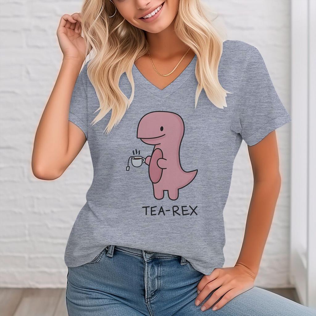Lady T-Shirt Cute Pink Tea-Rex Print T Shirts Female Short Sleeve V-neck Shirt Harajuku Kawaii Animal Women Clothes