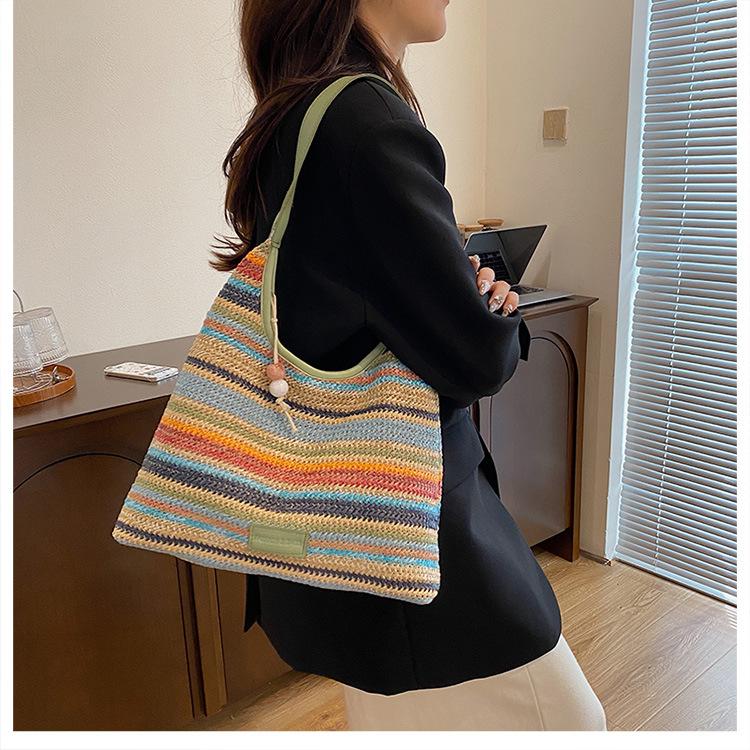 Летняя новая соломенная сумка-тоут в полоску, контрастного цвета, модная, большой вместимости, плечевая, портативная