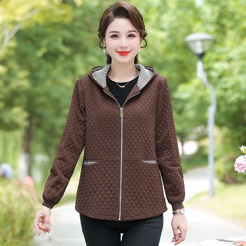 Women's Spring Short Hooded Jacket, Middle Aged and Elderly, Solid Color Style, Slim Fit Jacket