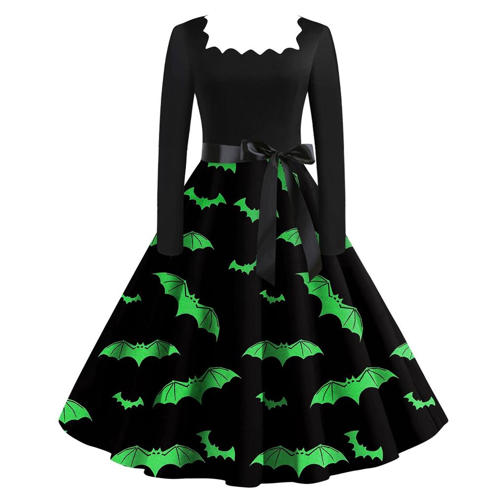 Женское повседневное модное винтажное платье с длинным рукавом и принтом на Хэллоуин