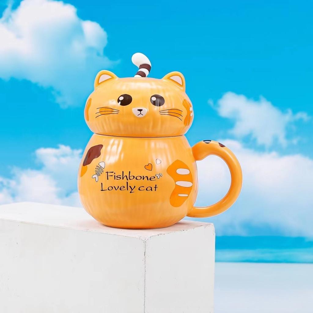 Cute 3D Cat Ceramic Mug with Lid Couple Coffee Milk Tea Water Cup Large Capacity Office Breakfast Cups Household Drinkware