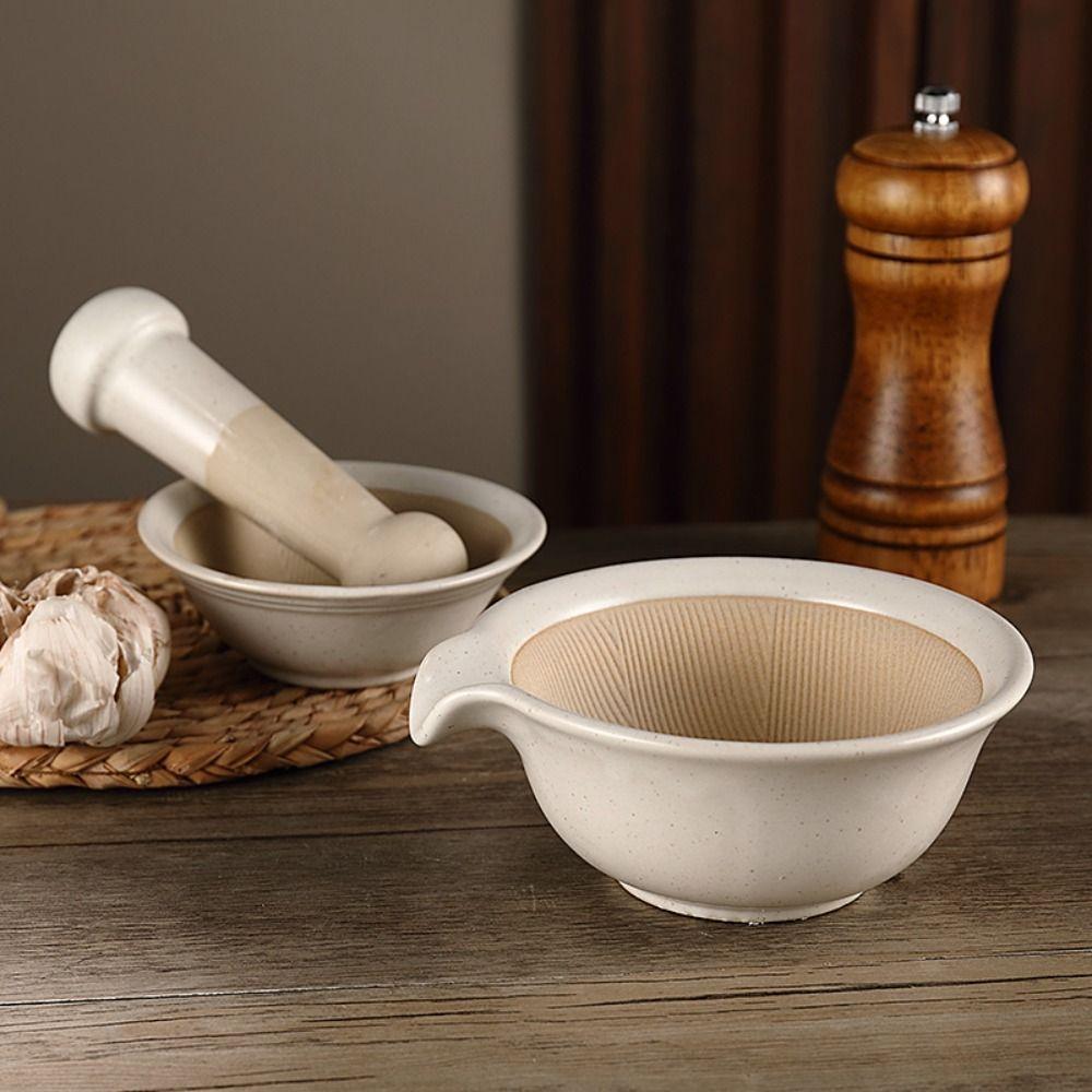 Ceramic Rice Paste Bowl Manual Garlic Mortar Pestle Easy To Clean Grinding Bowl Rod Set Spice