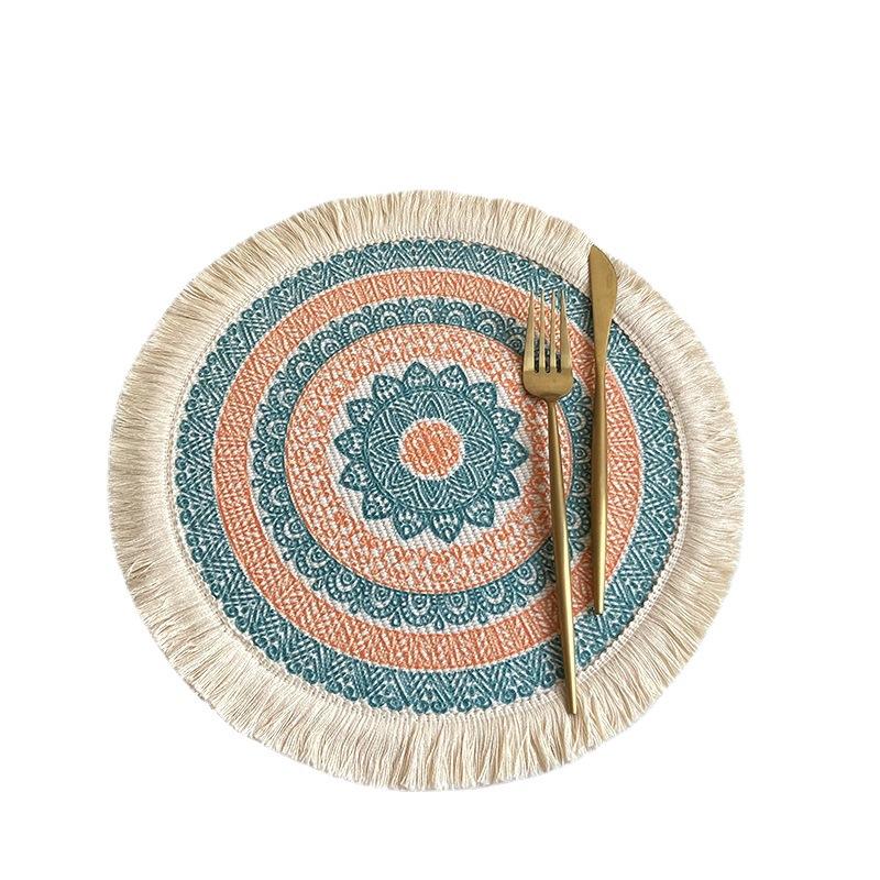 Set of 4 Boho Woven Round Placemat Handmade Table Mats Woven Jute Tassel Mat RetroTable Decor Fringe Coffee Mat Fur Ball Dining Mat Pompom Home Decor