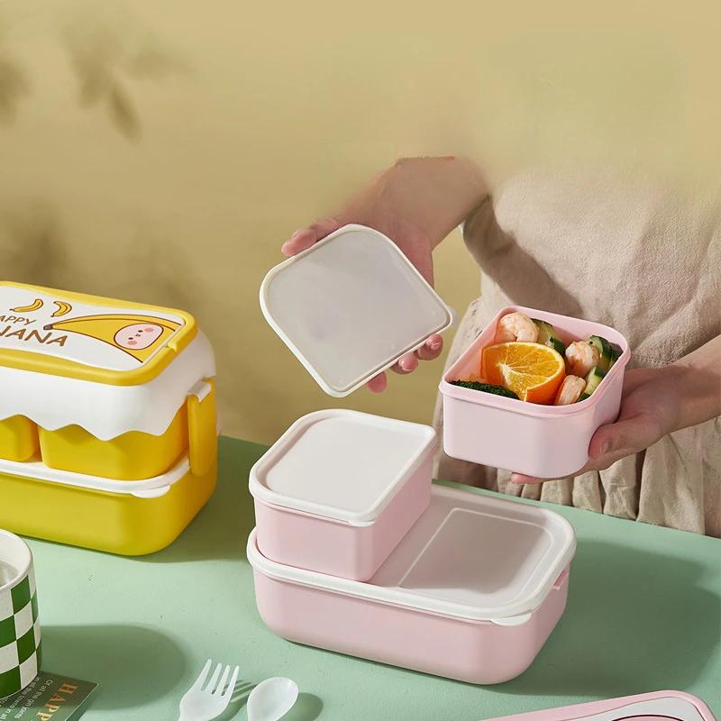 Двухъярусный фруктовый ланч-бокс, бытовая посуда, авокадо и персик, симпатичная большая емкость, переносная ланч-бокс для использования на открытом воздухе с ложкой-вилкой Spoo