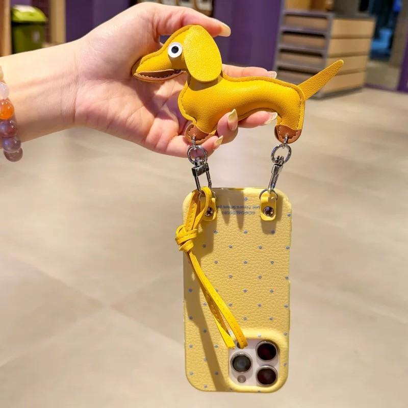 For 16 Polka Dot Dachshund Dog Phone Case Perforated Lanyard Leather Texture Puppy for 17/15 Premium TPU Shockproof Case