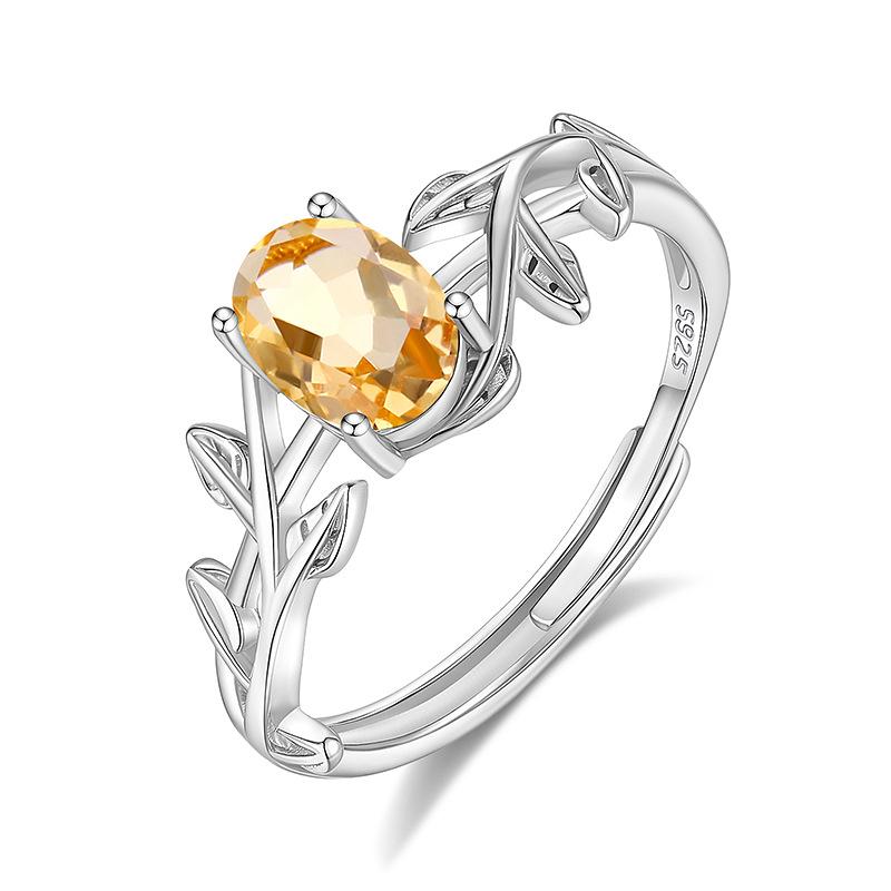 S925 Sterling Silver Natural Crystal Stone Leaf Four-claw Ring Fashion Light Luxury High-end Personality Ring