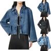 Женская модная повседневная джинсовая куртка на шнуровке, однотонная куртка с длинным рукавом и лацканами