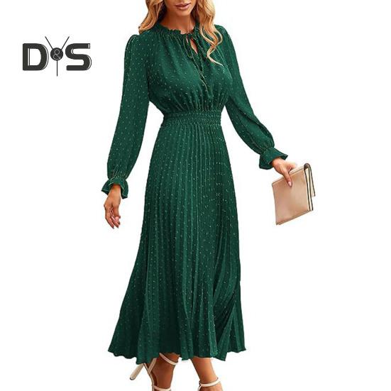 Women Fall Spring Dress Dot Print Pleated High Tight Waist Long Sleeve Shirring Collar Lace Up V Neck Mid Calf Length Lady Midi Dress