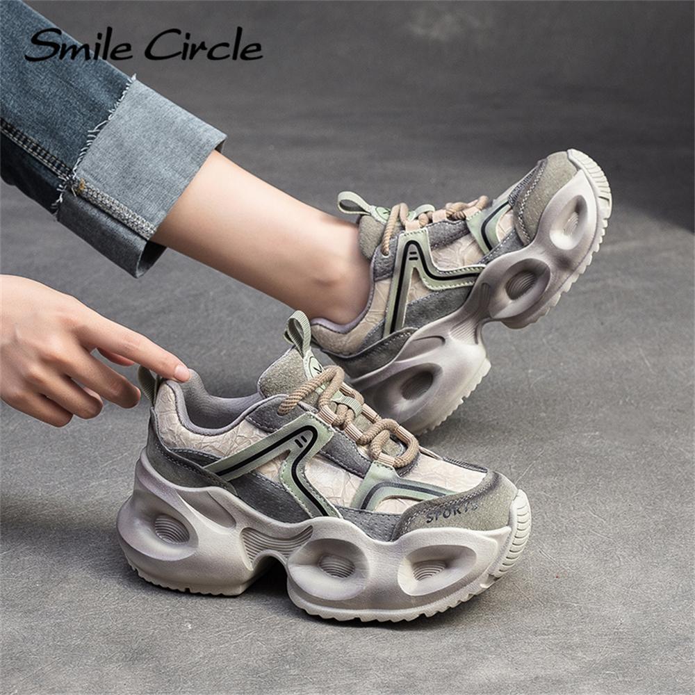 Кроссовки из натуральной кожи с круглым носком и толстой подошвой, удобная модная повседневная обувь