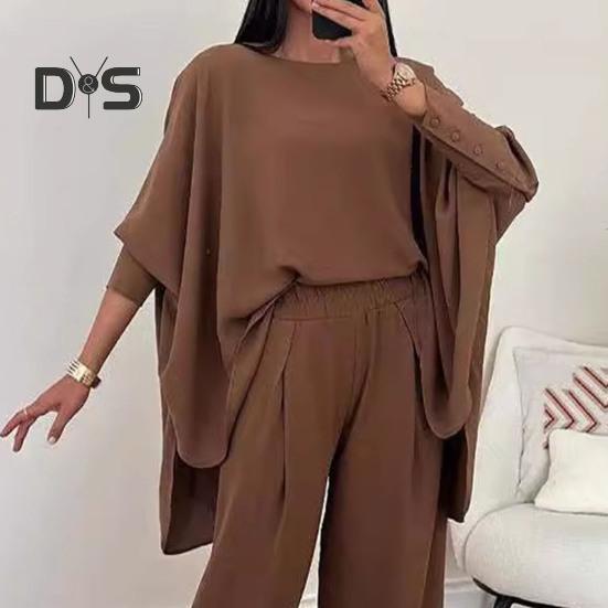 2 шт./комплект женский топ брюки костюм круглый вырез нерегулярный подол рукава летучая мышь однотонная блузка эластичная талия широкие брюки повседневная одежда для поездок на работу