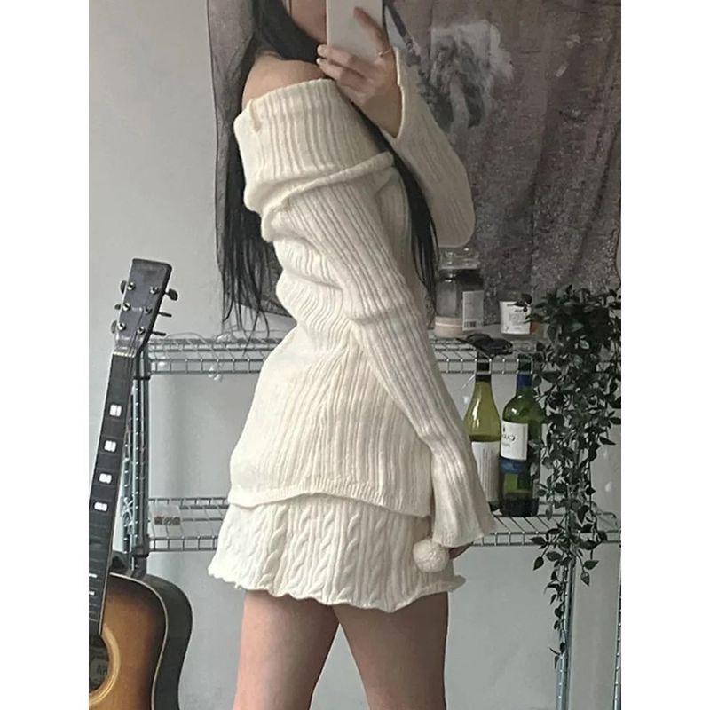 off-Shoulder Top Versitile Foreign Trade Women Clothes Western Style off-Shoulder Long Sleeve Temperament Single-Breasted Sexy Knit