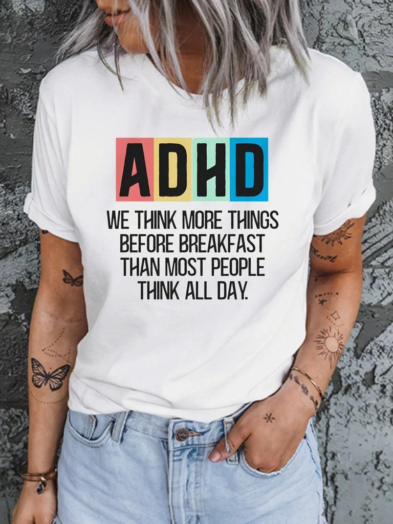 ZX Tee Women's Casual Short Sleeved Round Neck T-shirt with ADHD Print Casual Versatile All Season Short Sleeved T-shirt