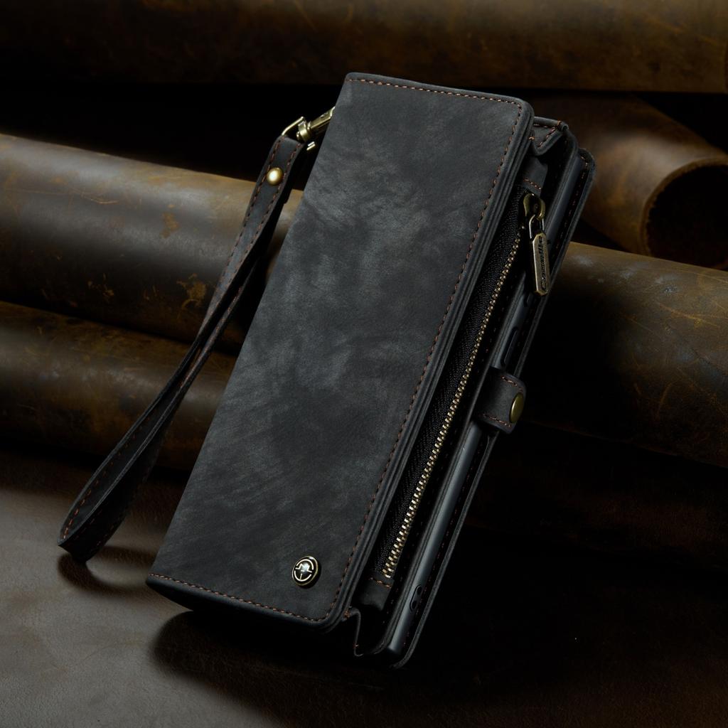 Чехол для Samsung Galaxy из кожаного материала с большими скрытыми отделениями для карт и противоударной защитой, дизайн 2-в-1, застежка-молния