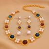 Medieval Vintage Court Style Fashion Geometric Imitation Pearl Double Layered Necklace Pendant Earrings Set Clavicle Chain