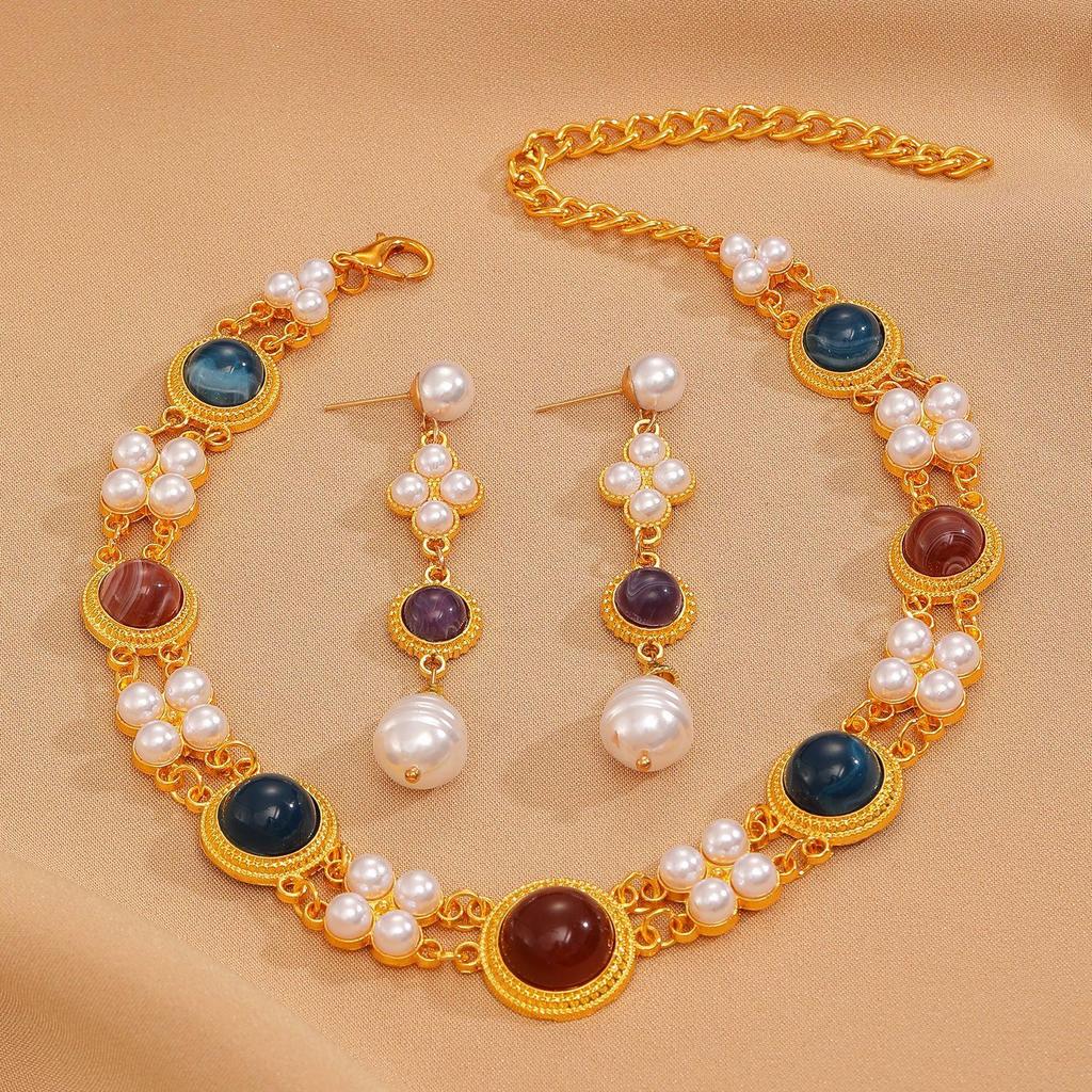 Medieval Vintage Court Style Fashion Geometric Imitation Pearl Double Layered Necklace Pendant Earrings Set Clavicle Chain