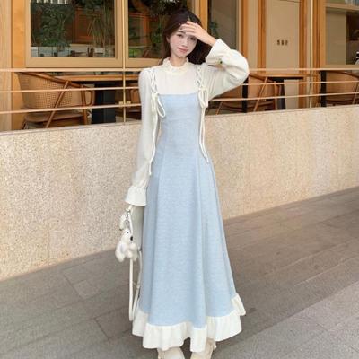 Элегантное платье из двух частей с отделкой из дерева и длинными рукавами во французском стиле для женщин - весенний дизайн длинного платья с завышенной талией