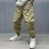 Men Trend Vintage Streetwear Drawstring Baggy Cargo Pants Summer Casual Solid Pockets Loose Harem Trousers